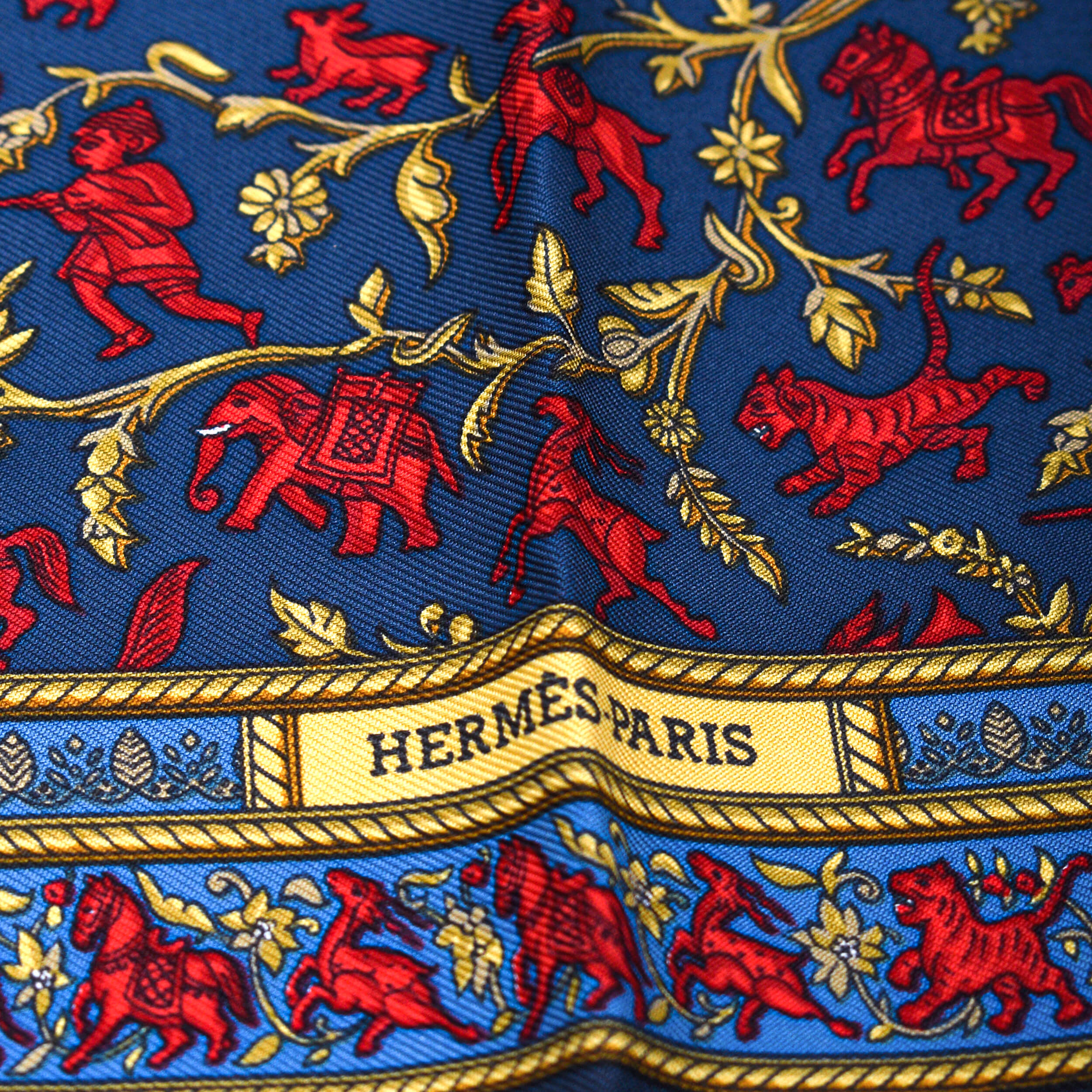 Hermes - Navy Blue & Yellow Axis Mundi Silk Scarf 40x40